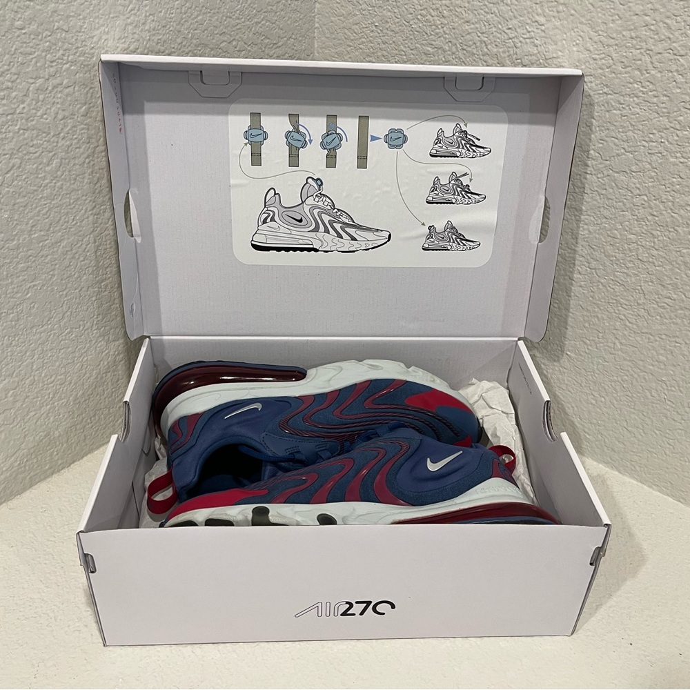 Nike Air Max 270 React ENG Barely Worn EUC RARE! Mystic Blue Metallic Silver Red